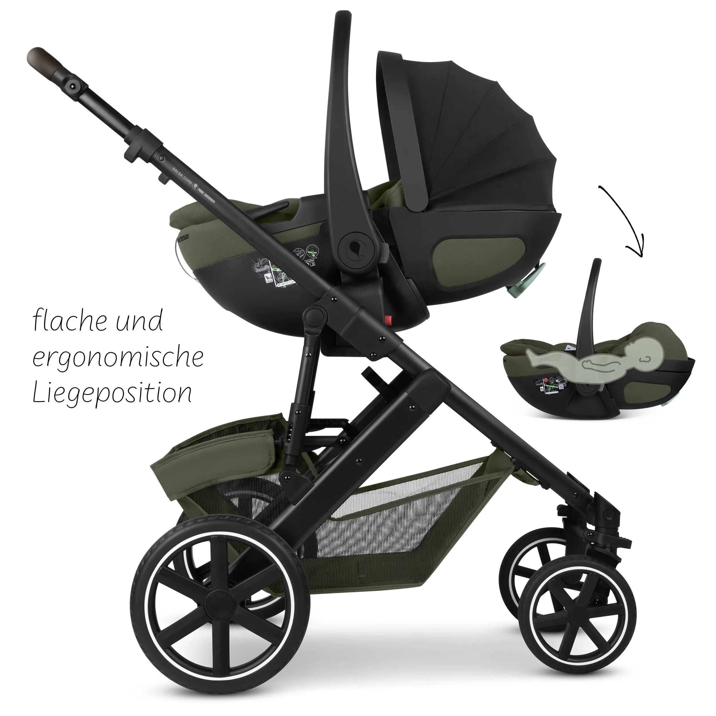 3in1 Kinderwagen-Set Salsa Core inkl. Babyschale Calla mit Liegefunktion - Olive