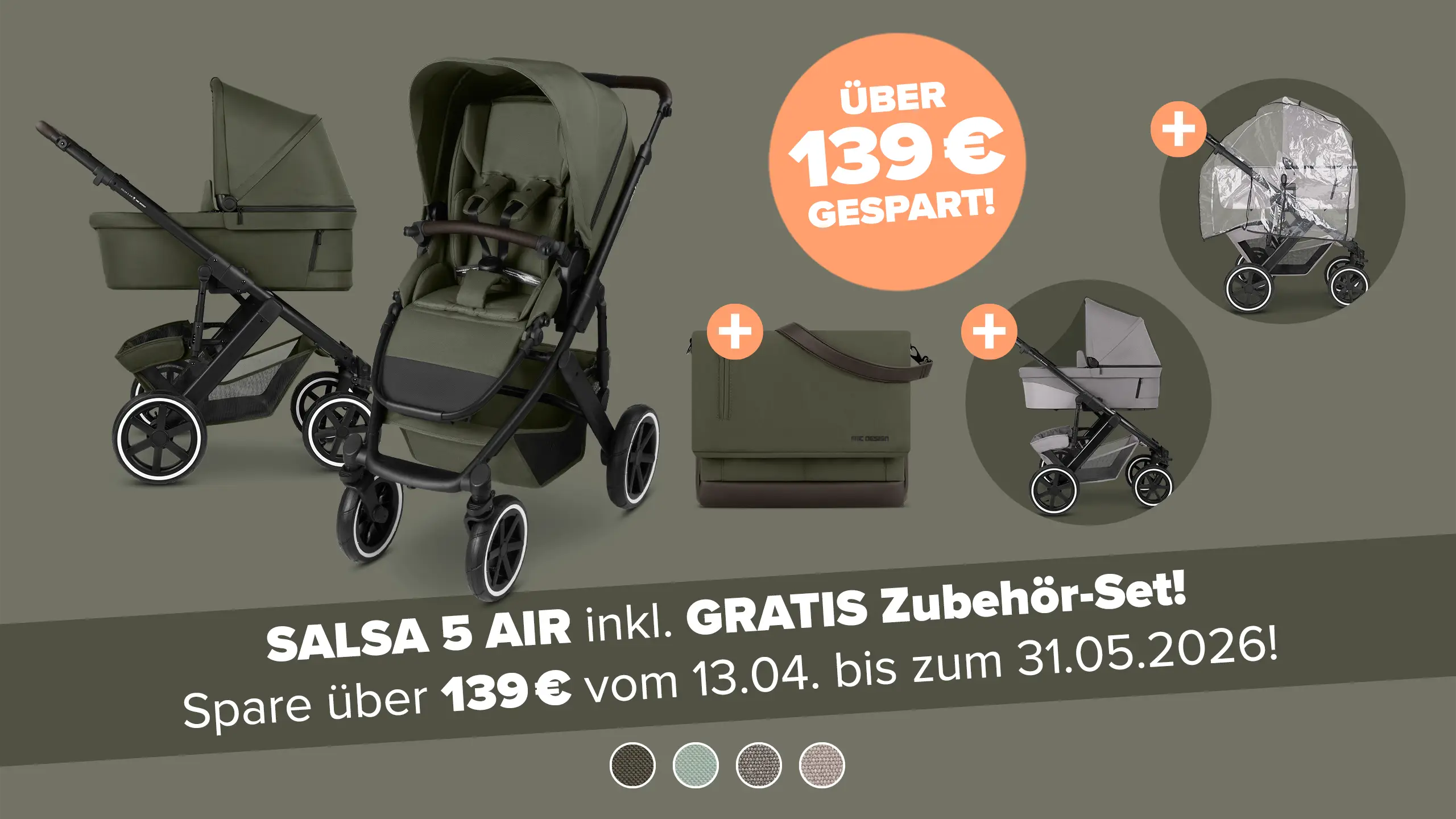 Kombi-Kinderwagen Salsa 5 Air  inkl. Wickeltasche Urban, Moskitonetz, Regenschutz - Avocado