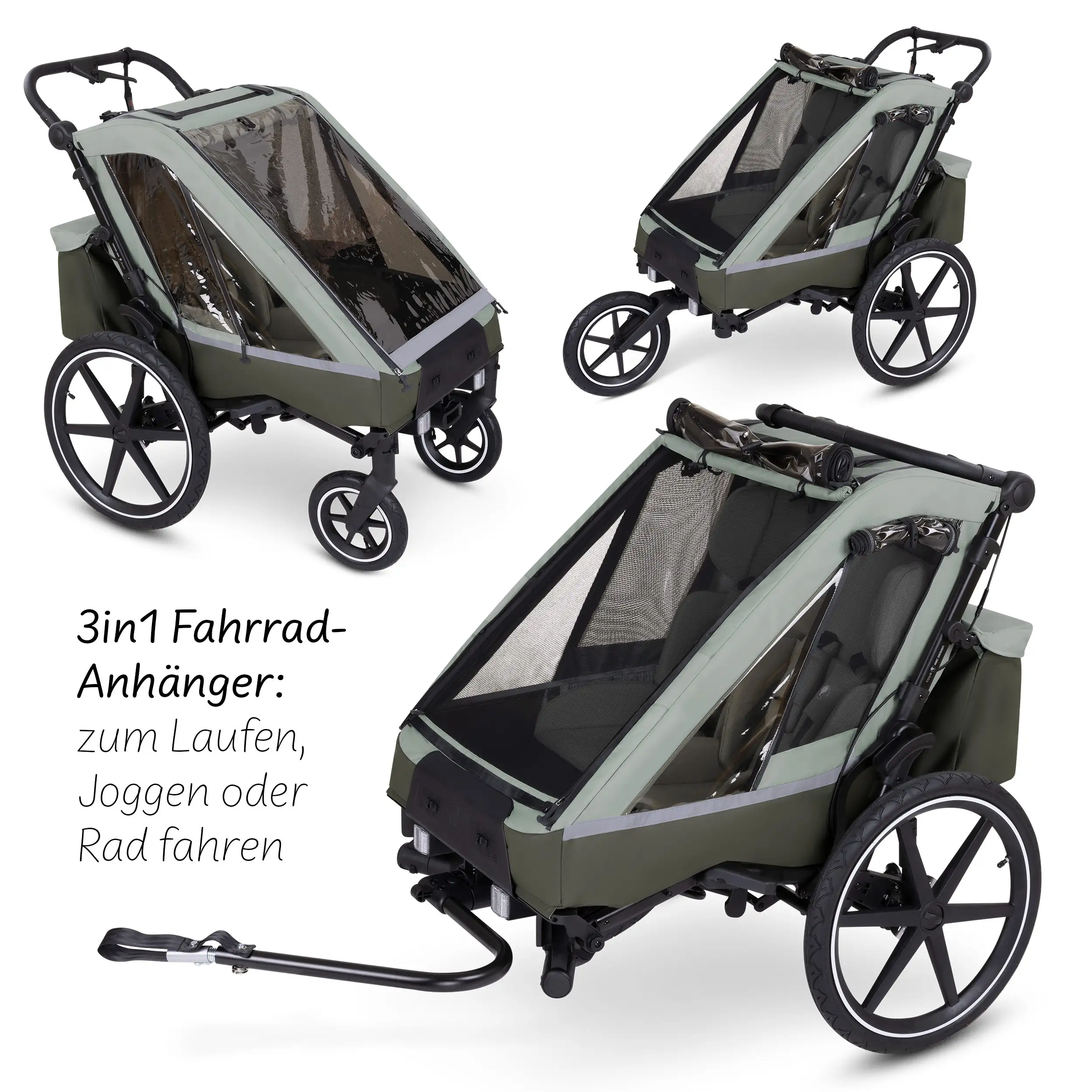 Fahrradanhänger Tour 2 mit 2 Komfortsitzen & Lufträdern - Olive