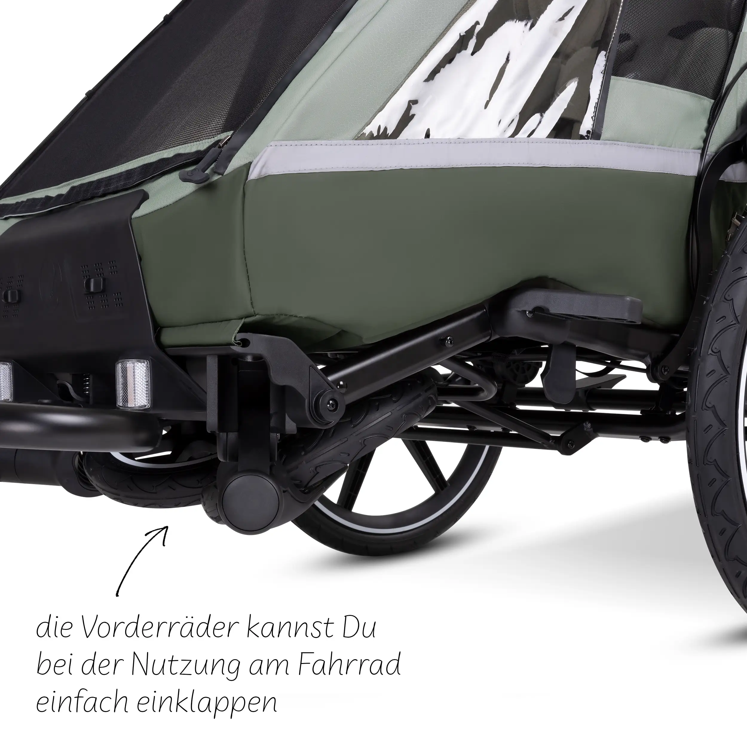 Remorque à vélo Tour avec 2 sièges confort et roues gonflables - Olive Remorque à vélo Tour avec 2 sièges confort et roues gonflables - Olive
