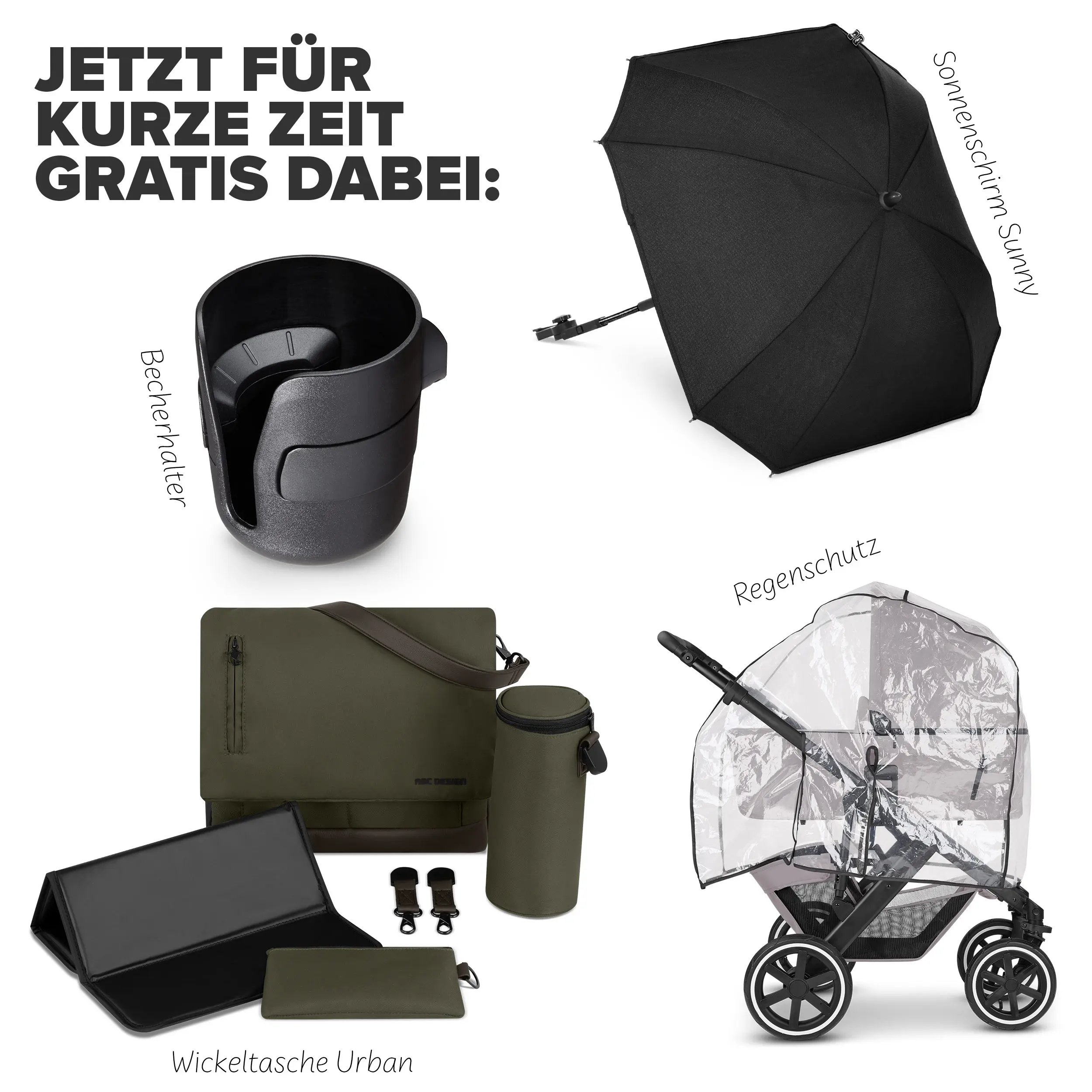 Kombi-Kinderwagen Salsa 5 Air inkl. Wickeltasche, Sonnenschirm, Regenschutz, Becherhalter - Avocado