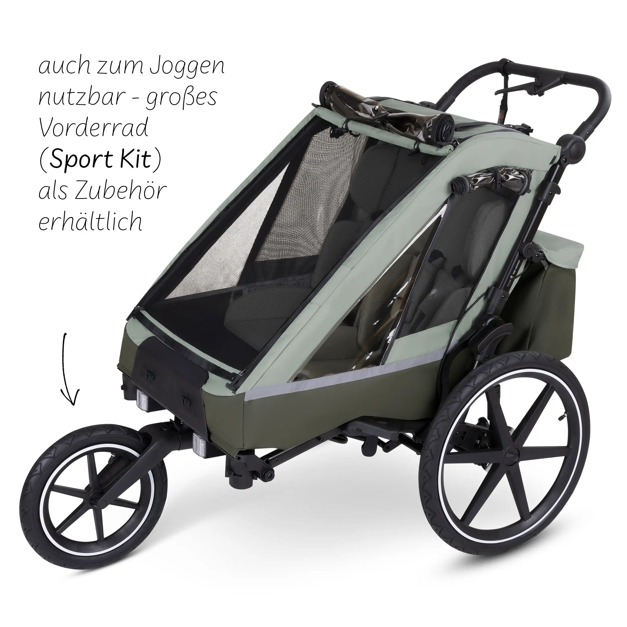  Remolque de Bicicleta con 2 Asientos Confortables y Ruedas de Aire - Olive