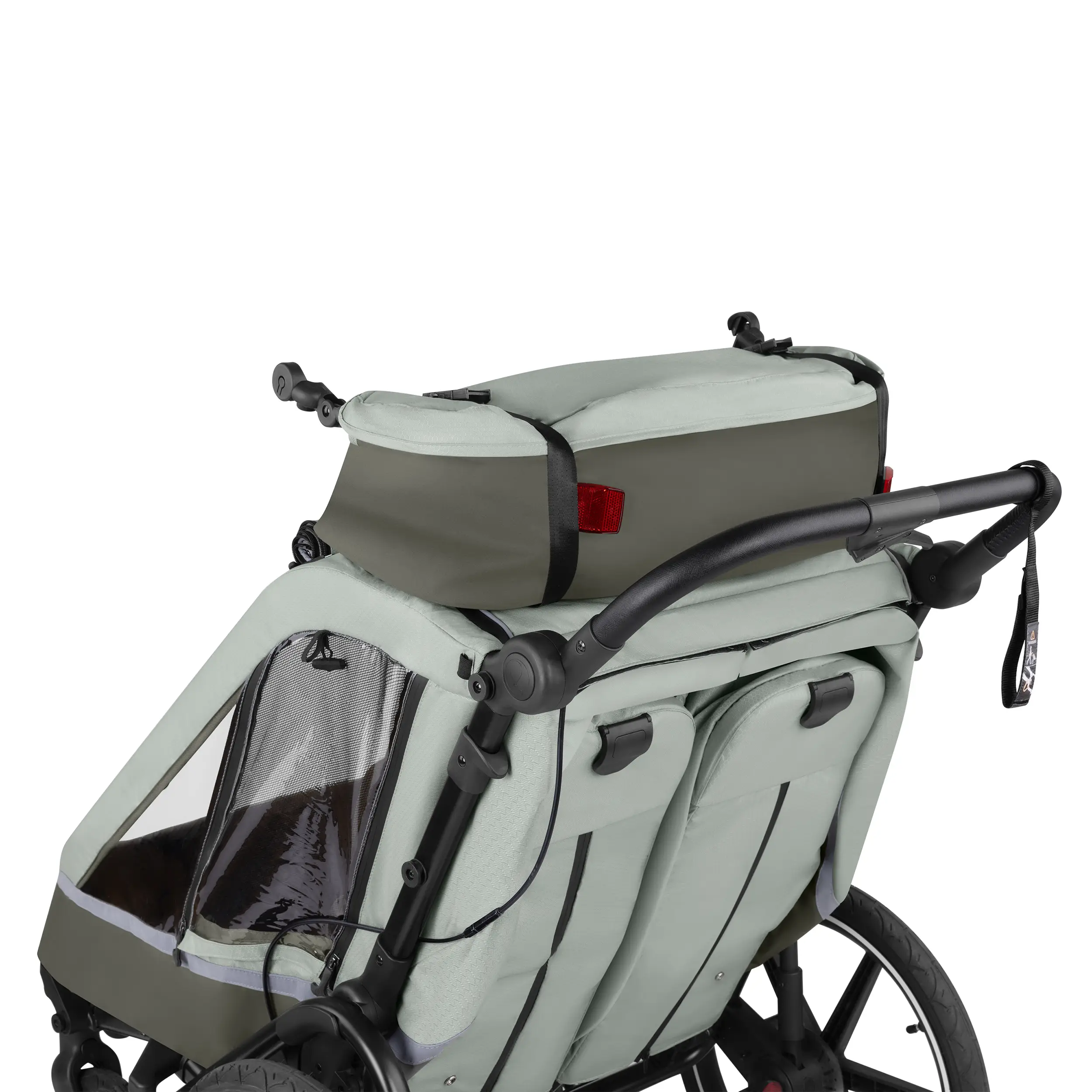 Remorque à vélo Tour avec 2 sièges confort et roues gonflables - Olive Remorque à vélo Tour avec 2 sièges confort et roues gonflables - Olive