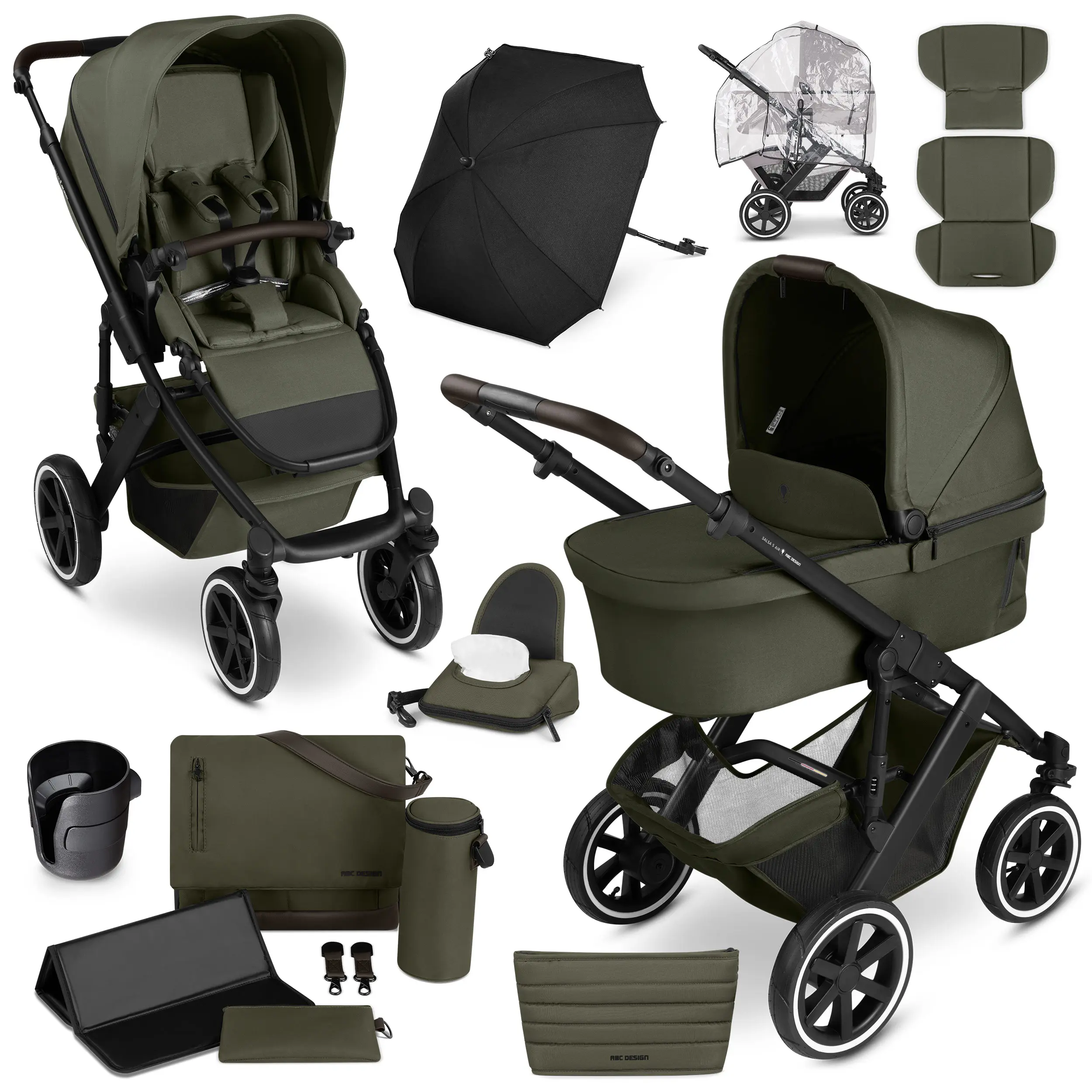 Kombi-Kinderwagen Salsa 5 Air inkl. Wickeltasche, Sonnenschirm, Regenschutz, Becherhalter - Avocado