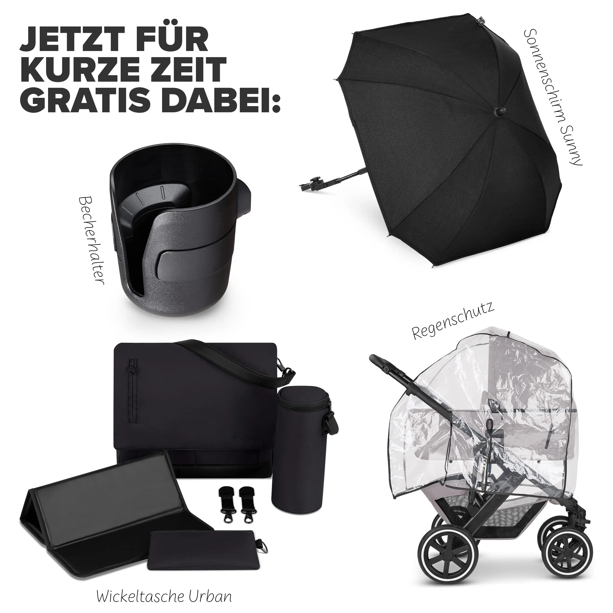 Kombi-Kinderwagen Salsa 5 Air inkl. Wickeltasche, Sonnenschirm, Regenschutz, Becherhalter - Coal