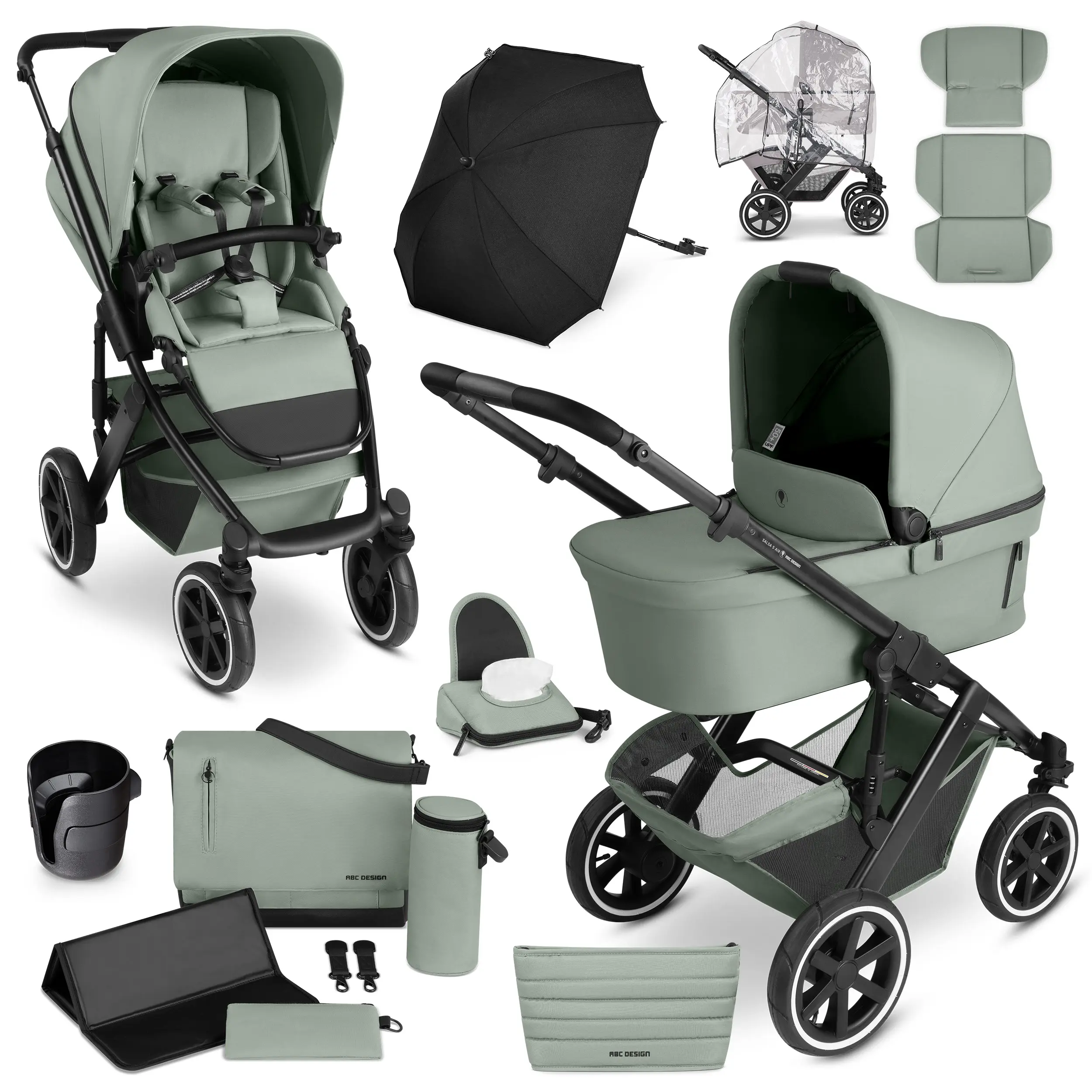 Kombi-Kinderwagen Salsa 5 Air inkl. Wickeltasche, Sonnenschirm, Regenschutz, Becherhalter - Pine