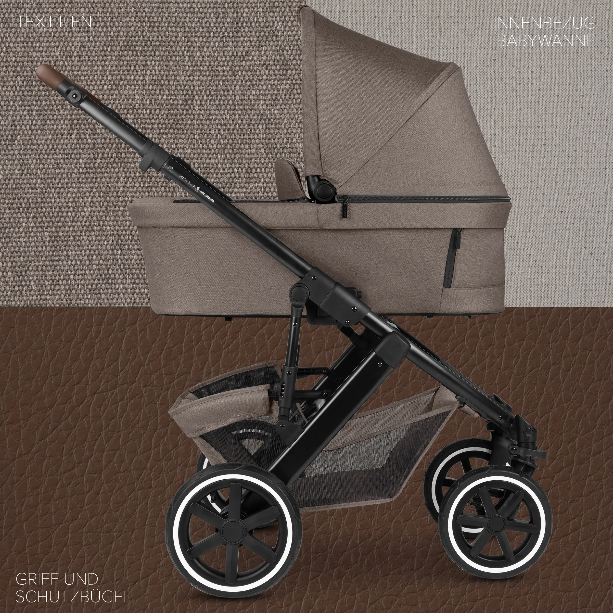 Kombi-Kinderwagen Salsa 5 Air inkl. Wickeltasche, Sonnenschirm, Regenschutz, Becherhalter - Nature