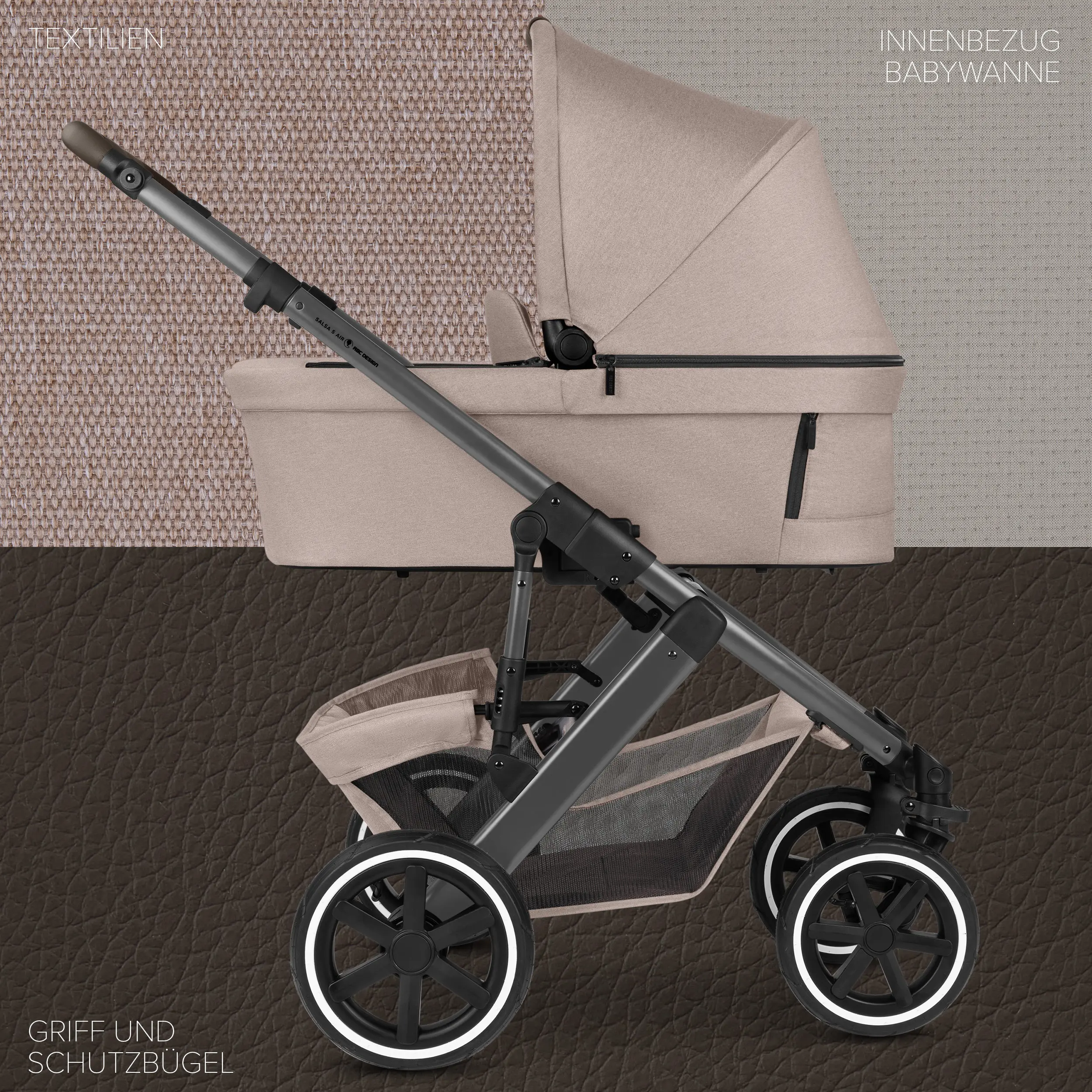 Kombi-Kinderwagen Salsa 5 Air inkl. Wickeltasche, Sonnenschirm, Regenschutz, Becherhalter - Camel
