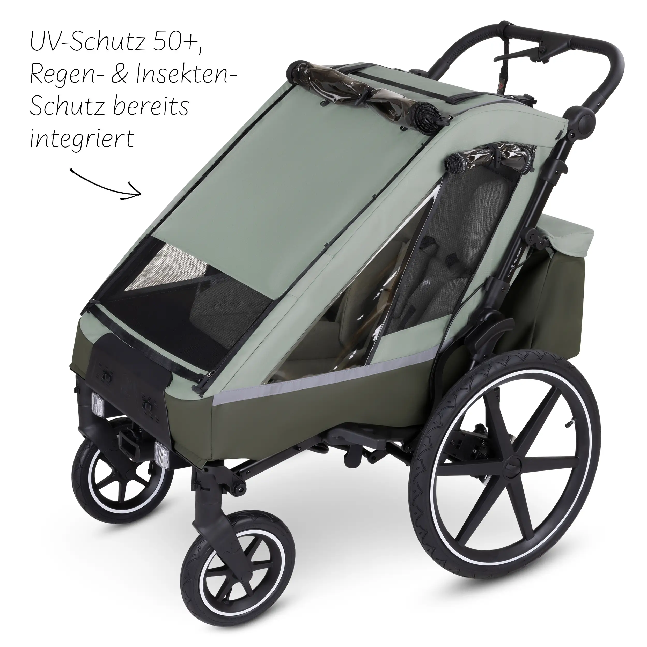 Remorque à vélo Tour avec 2 sièges confort et roues gonflables - Olive Remorque à vélo Tour avec 2 sièges confort et roues gonflables - Olive