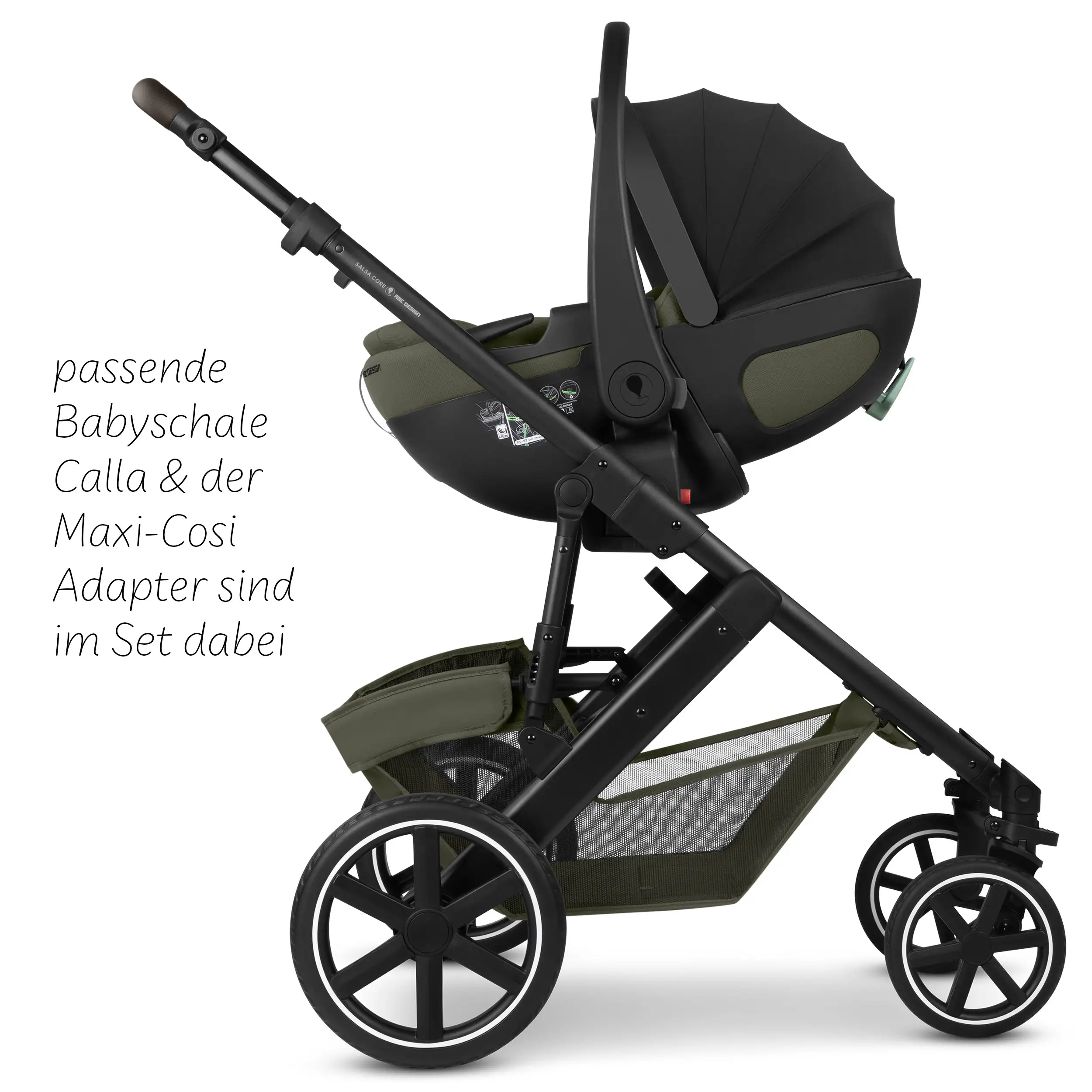 4in1 Kinderwagen-Set Salsa Core inkl. Babyschale Calla mit Liegefunktion & Isofix Base Root - Olive