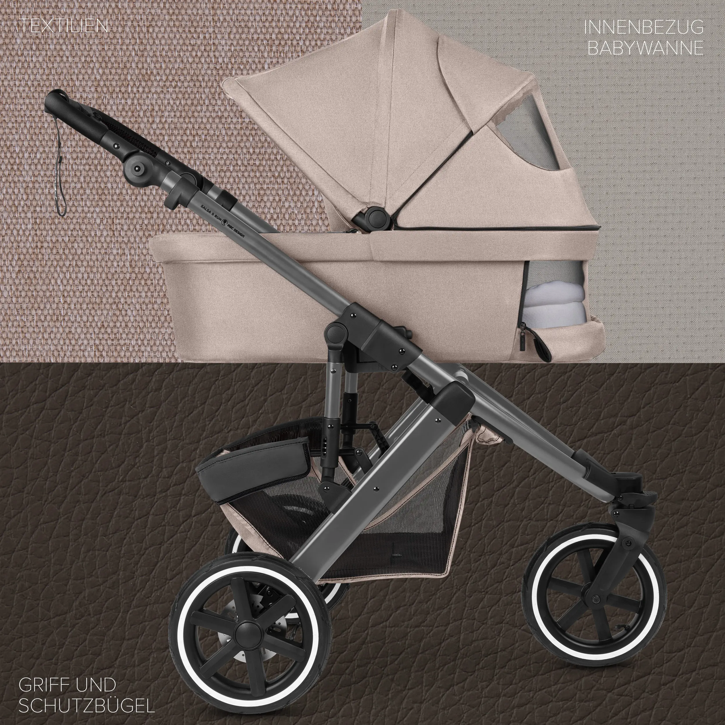 Poussette combinée Salsa 5 Run avec sac à langer, ombrelle, habillage pluie, porte-gobelet - Camel