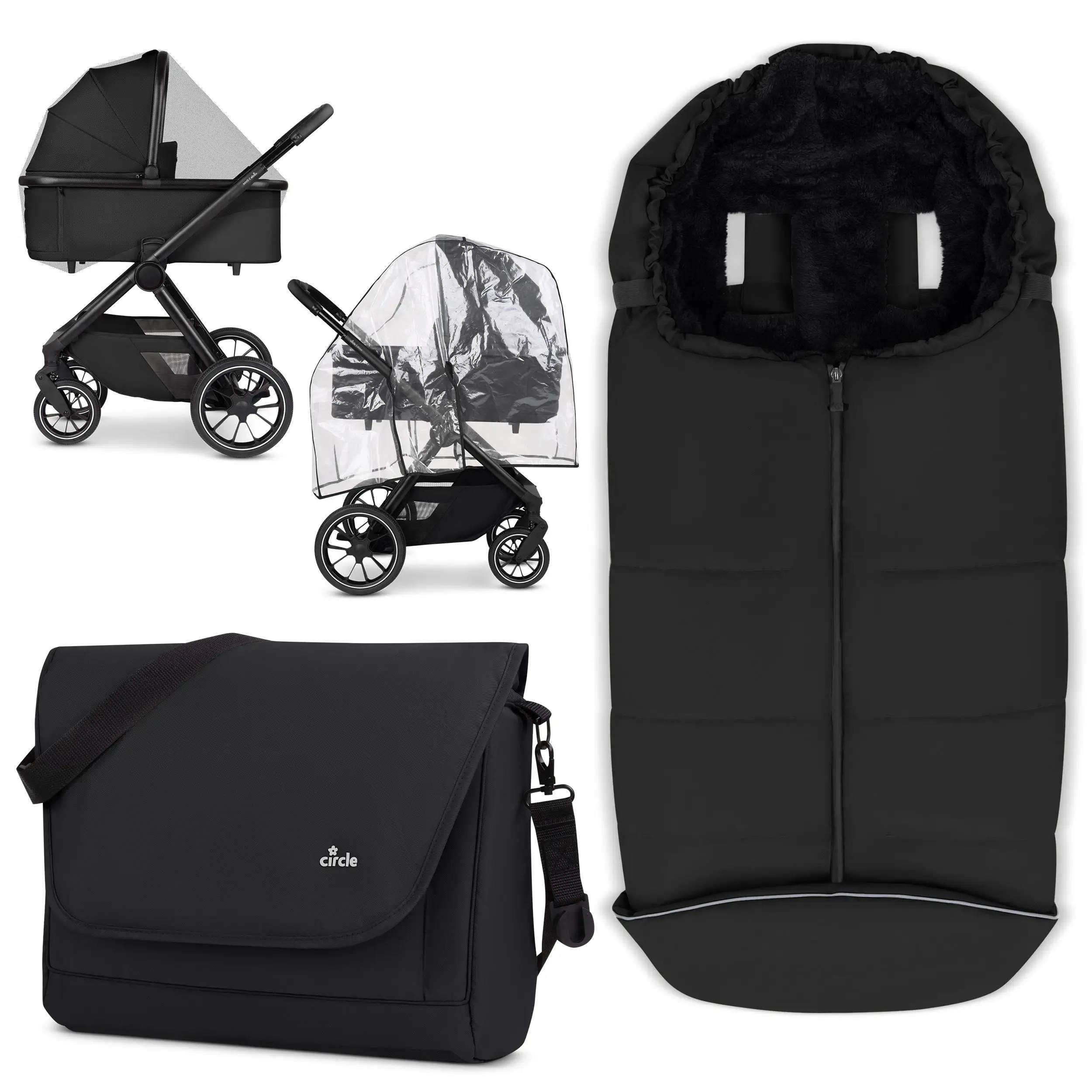Zubehör Set Kinderwagen - Wickeltasche, Winterfußsack, Regenschutz & Moskitonetz - Black Zubehör Set Kinderwagen - Wickeltasche, Winterfußsack, Regenschutz & Moskitonetz - Black