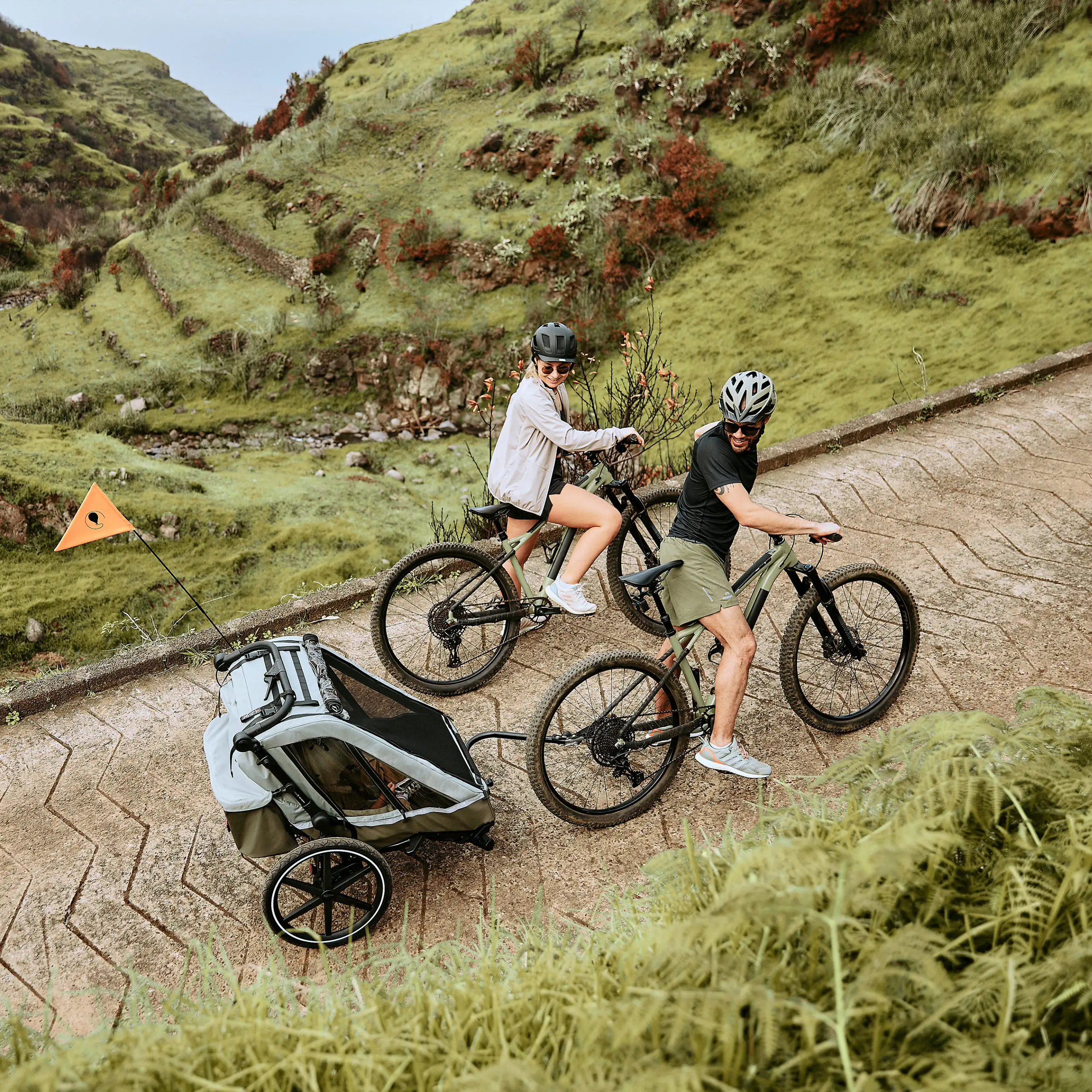 Remolque de Bicicleta con 2 Asientos Confortables y Ruedas de Aire - Olive  Remolque de Bicicleta con 2 Asientos Confortables y Ruedas de Aire - Olive