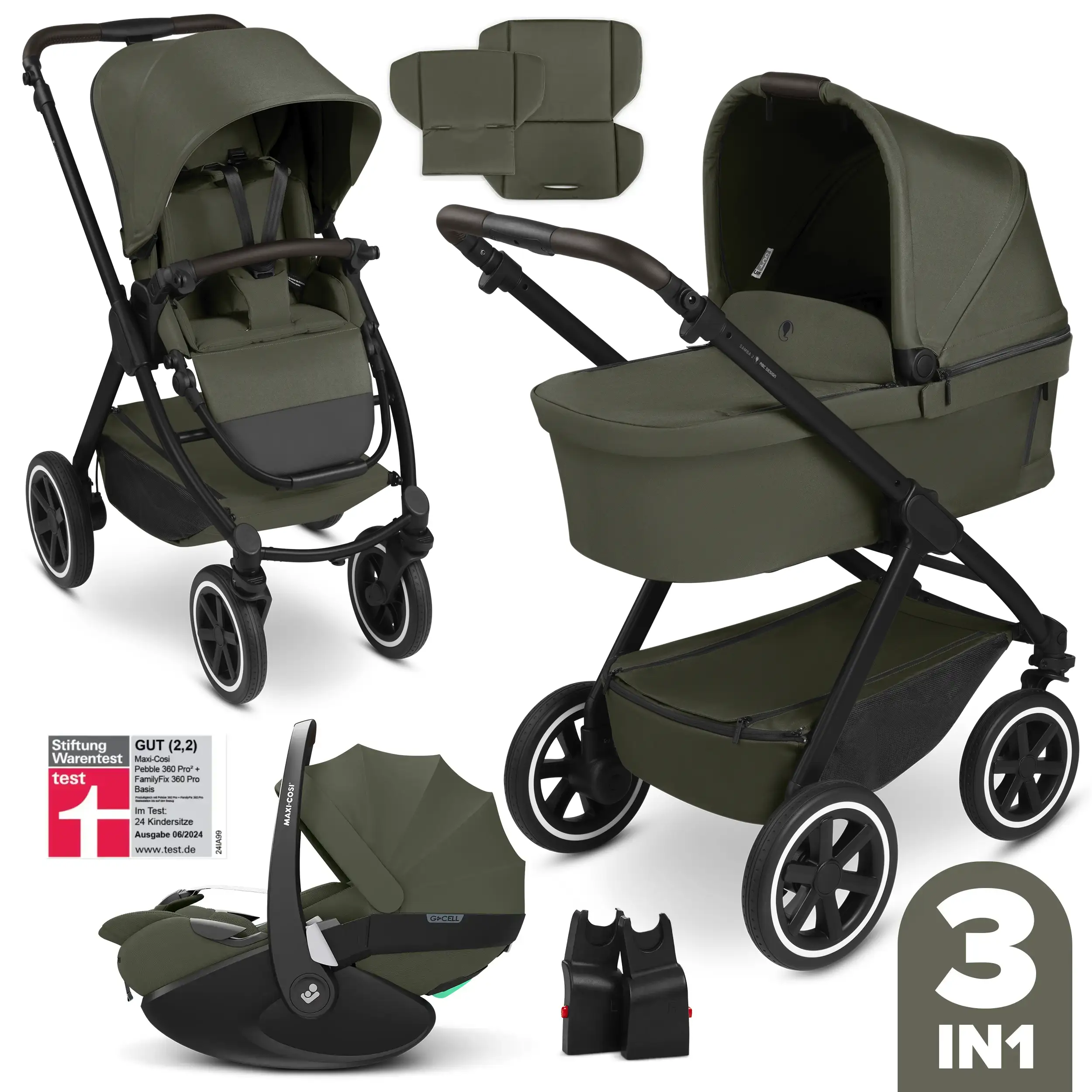 3in1 Kinderwagen-Set Samba 2 inkl. Babyschale Maxi Cosi Pebble 360 Pro 2 - Avocado