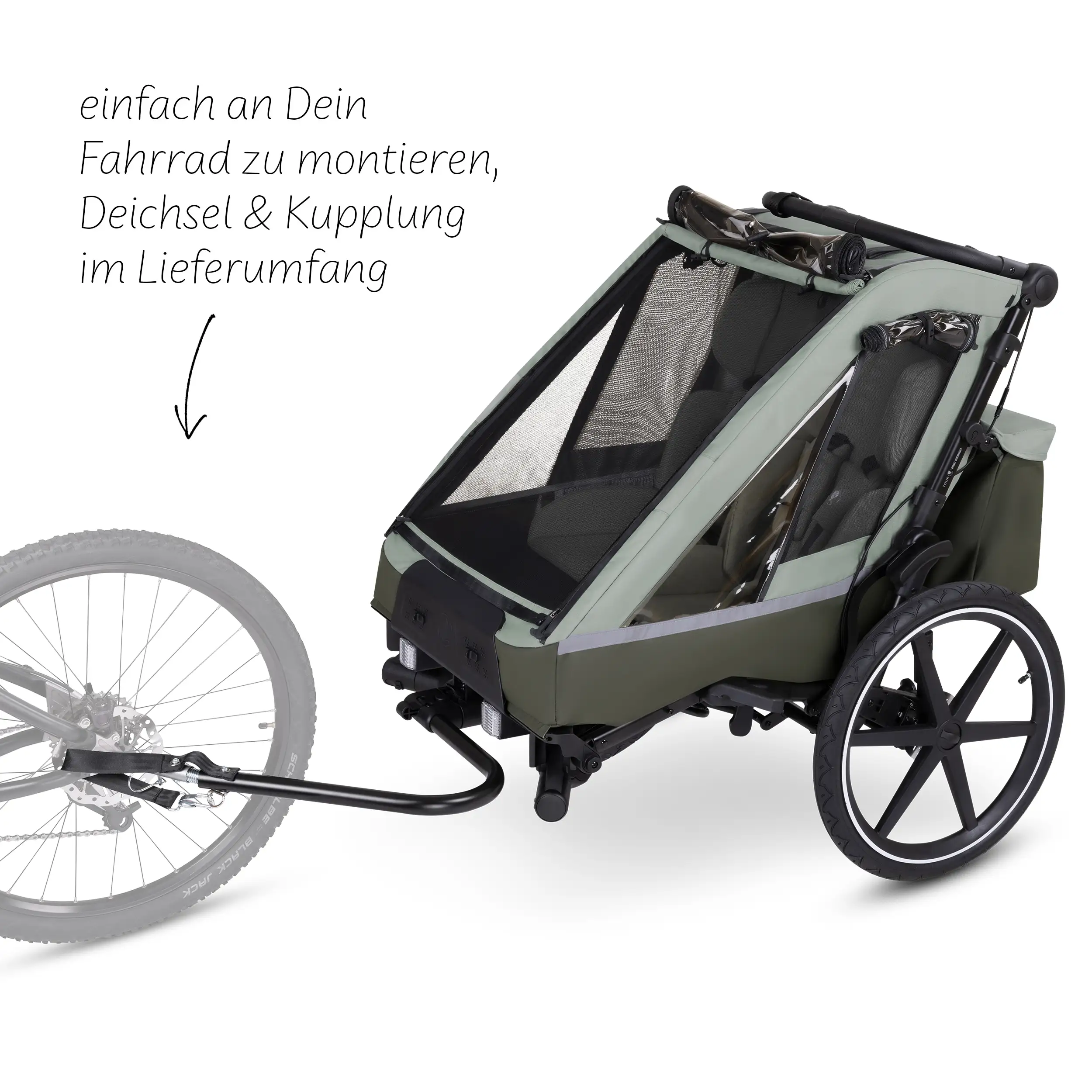 Remorque à vélo Tour avec 2 sièges confort et roues gonflables - Olive Remorque à vélo Tour avec 2 sièges confort et roues gonflables - Olive