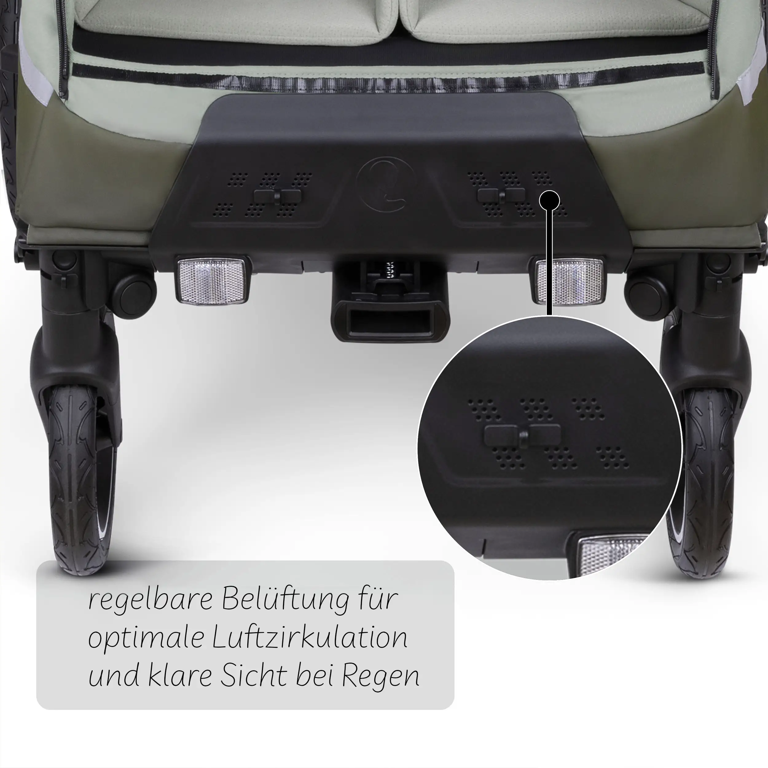 Remorque à vélo Tour avec 2 sièges confort et roues gonflables - Olive Remorque à vélo Tour avec 2 sièges confort et roues gonflables - Olive