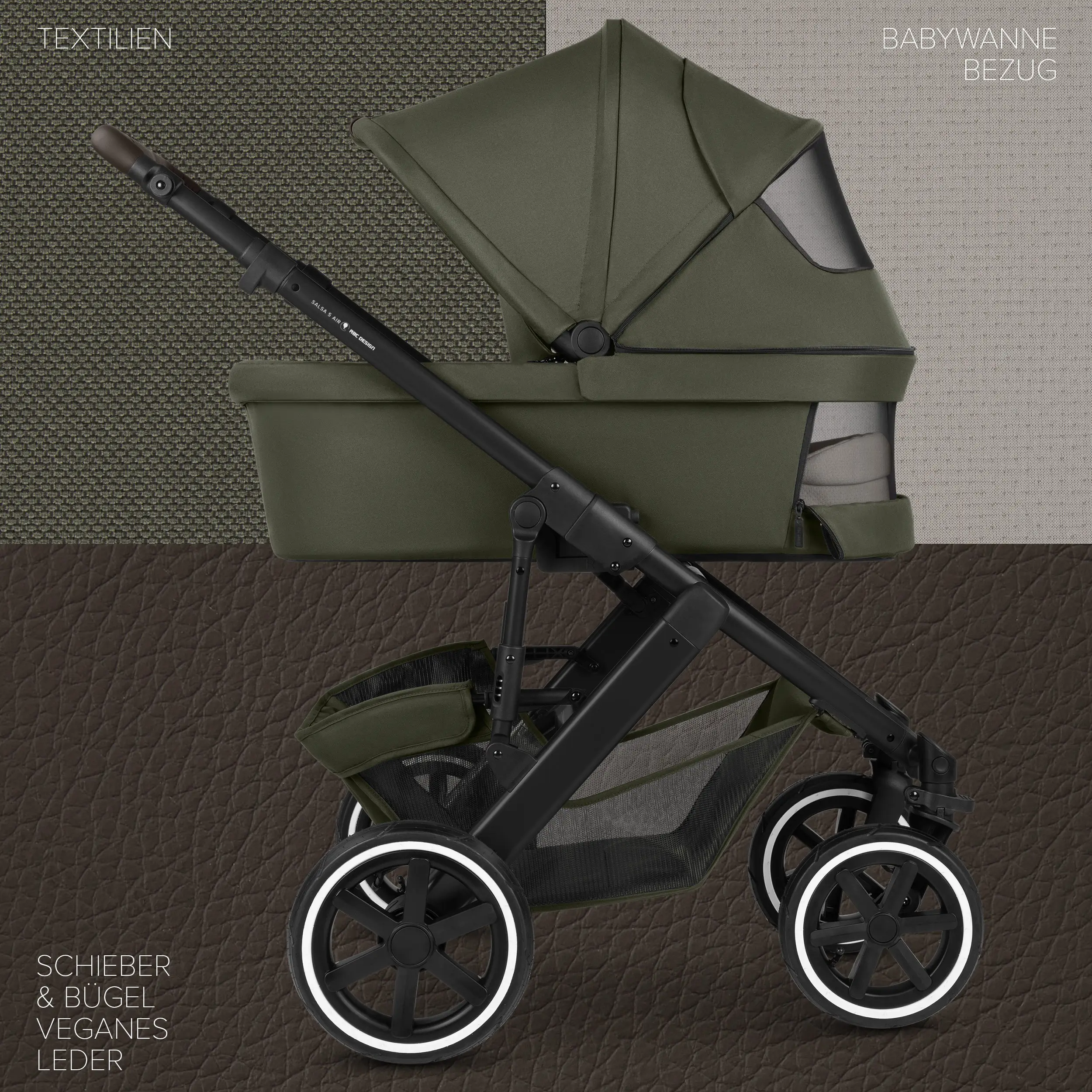 Kombi-Kinderwagen Salsa 5 Air inkl. Wickeltasche, Sonnenschirm, Regenschutz, Becherhalter - Avocado