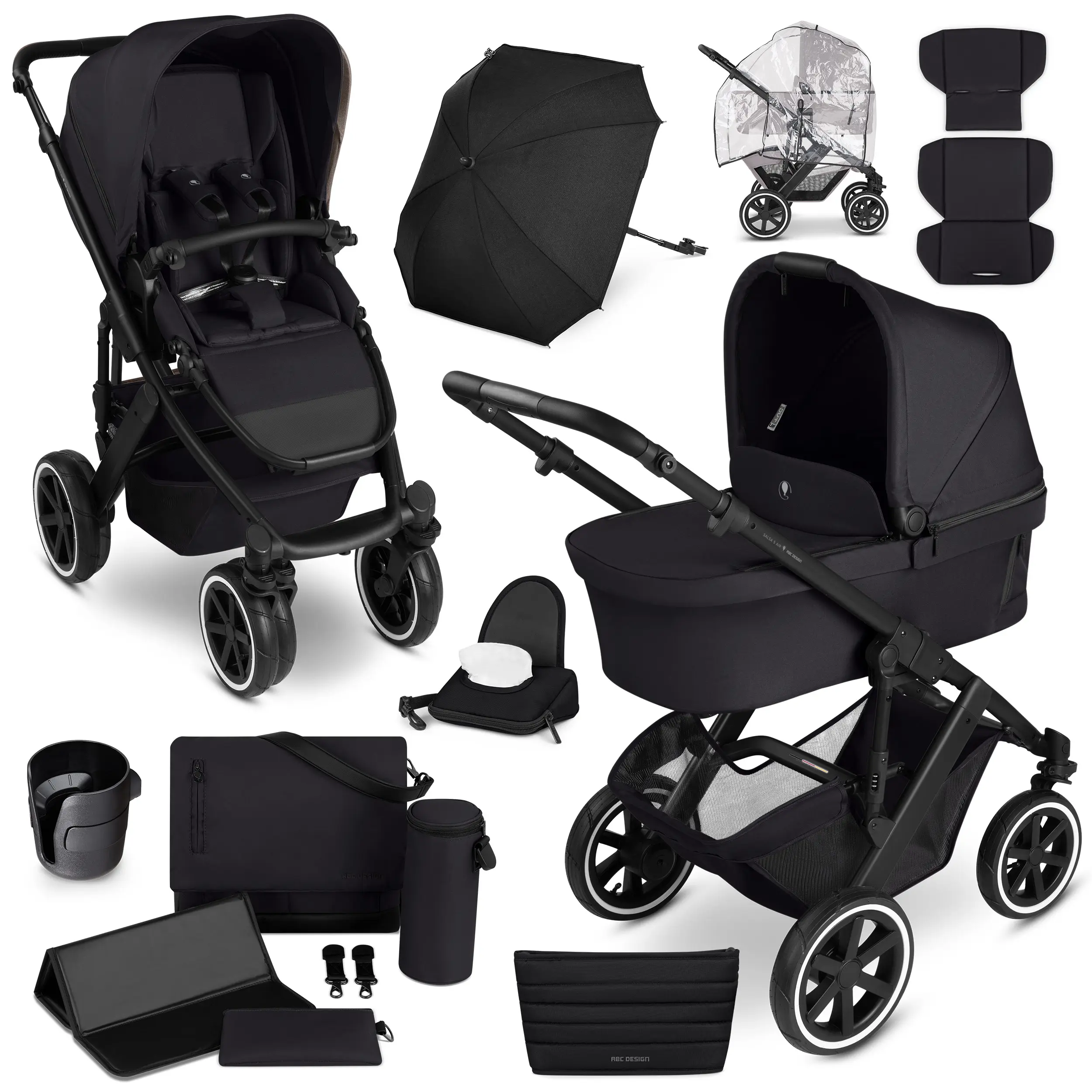 Kombi-Kinderwagen Salsa 5 Air inkl. Wickeltasche, Sonnenschirm, Regenschutz, Becherhalter - Coal