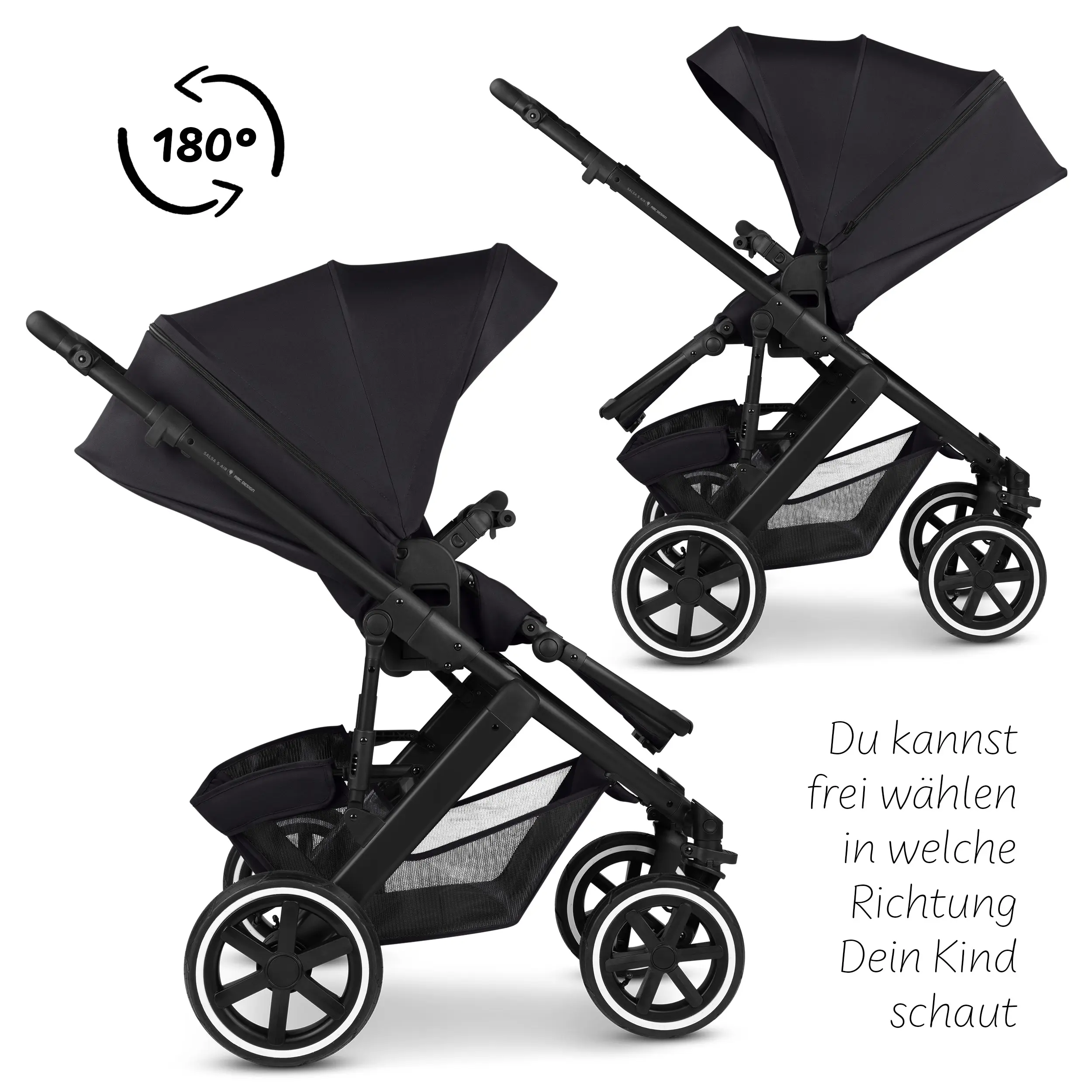 Kombi-Kinderwagen Salsa 5 Air inkl. Wickeltasche, Sonnenschirm, Regenschutz, Becherhalter - Coal