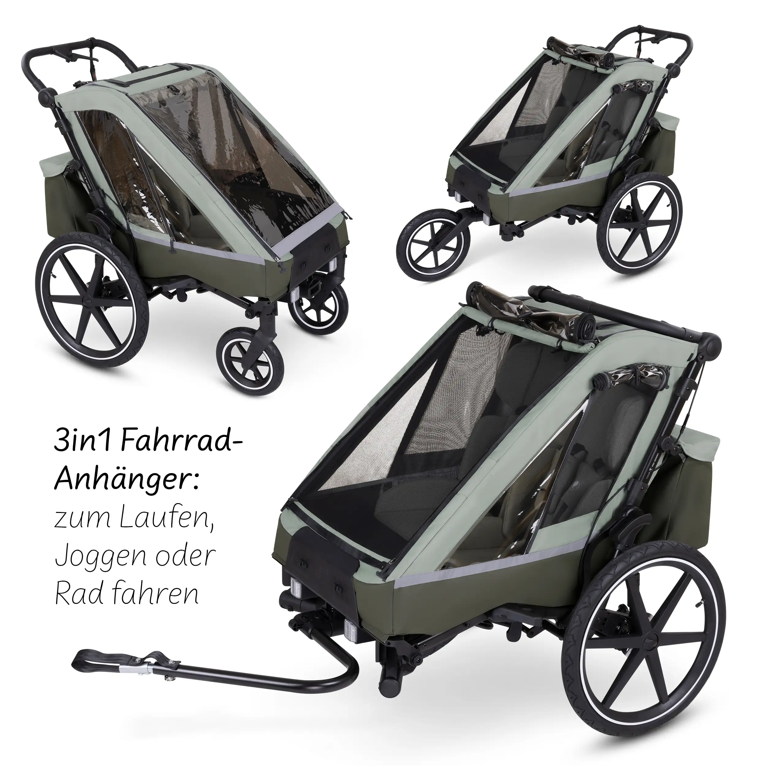 Remorque à vélo Tour avec 2 sièges confort et roues gonflables - Olive Remorque à vélo Tour avec 2 sièges confort et roues gonflables - Olive