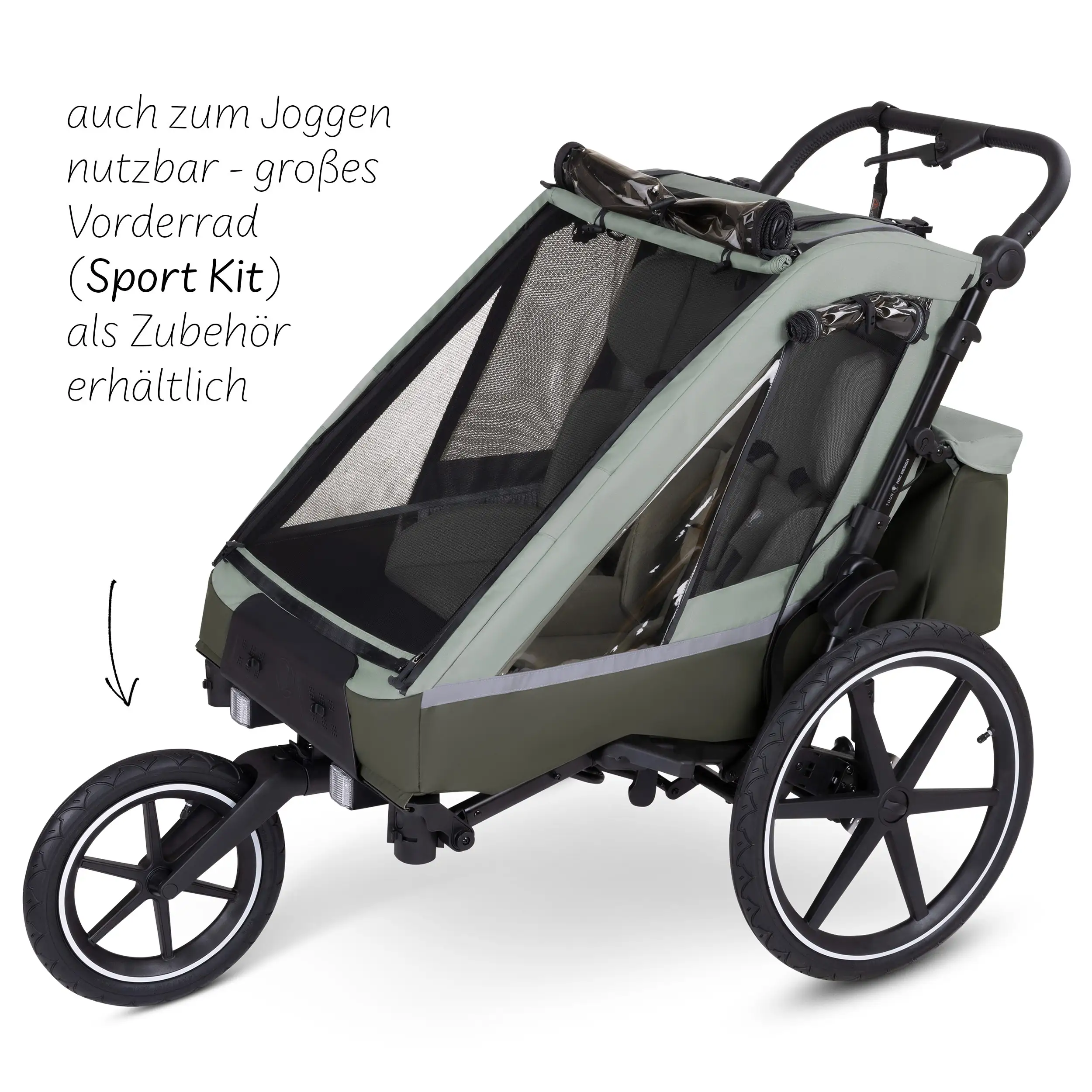 Fahrradanhänger Tour 2 mit 2 Komfortsitzen & Lufträdern - Olive