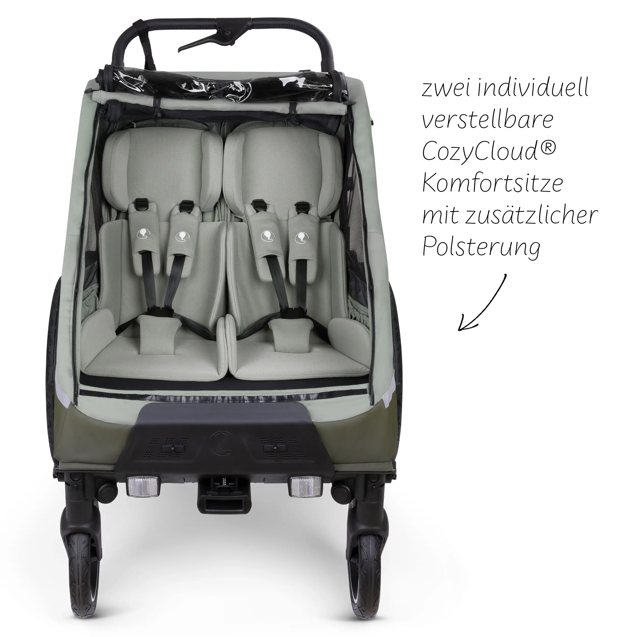 Remorque à vélo Tour avec 2 sièges confort et roues gonflables - Olive Remorque à vélo Tour avec 2 sièges confort et roues gonflables - Olive