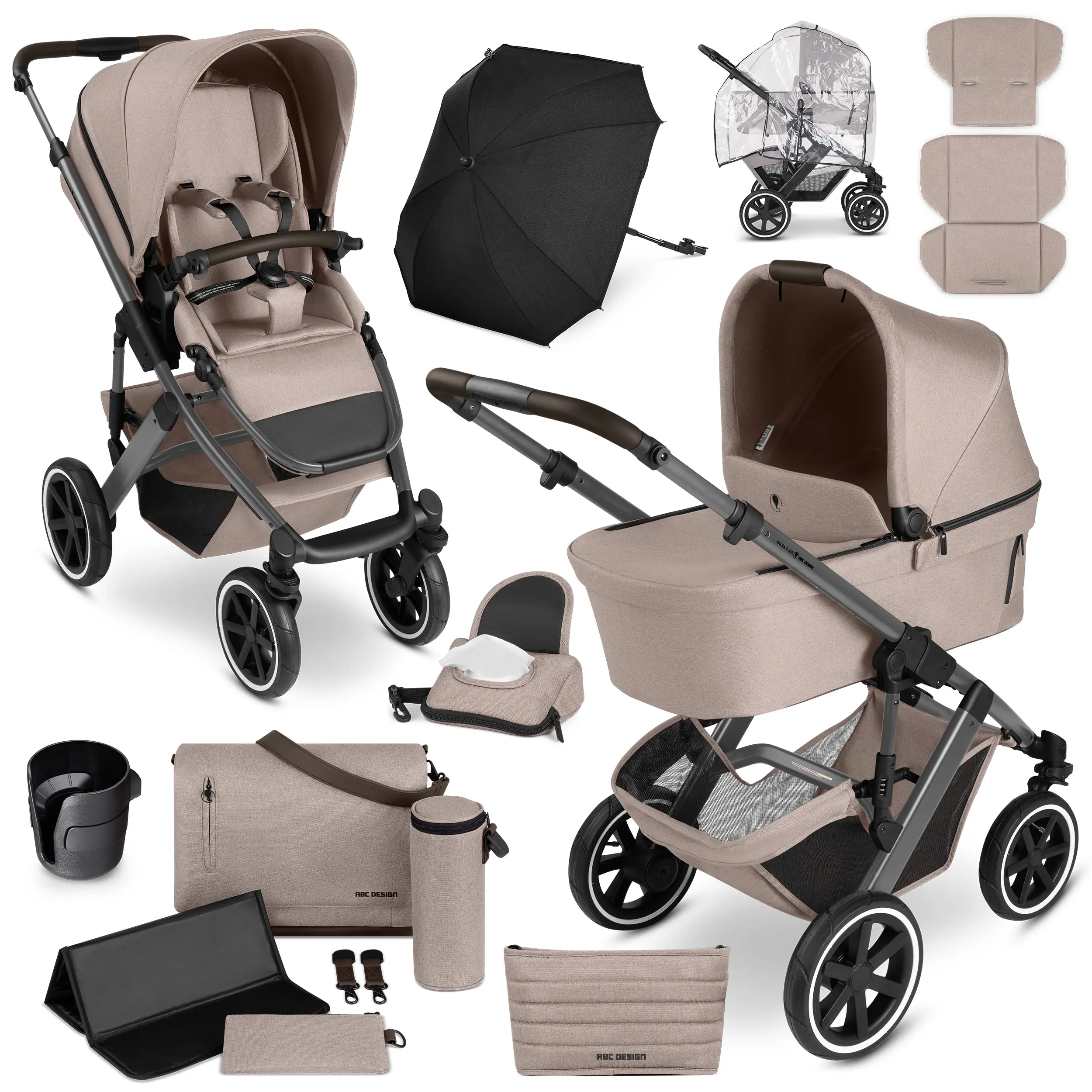 Kombi-Kinderwagen Salsa 5 Air inkl. Wickeltasche, Sonnenschirm, Regenschutz, Becherhalter - Camel
